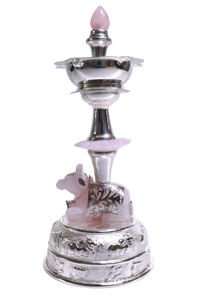 Lotus Samay (Kerala Diya) with Rose Quartz Nandi/ Cow