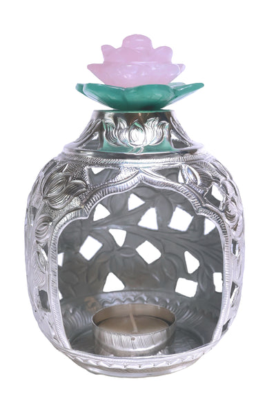 Lotus Dome Tealight with jade/ rose quartz flower